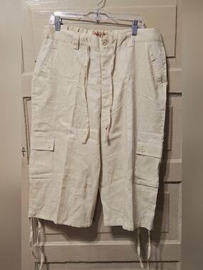 Inserch 100% Linen Capri Cargo Tie Leg Beige Pants NWT Size: XL
